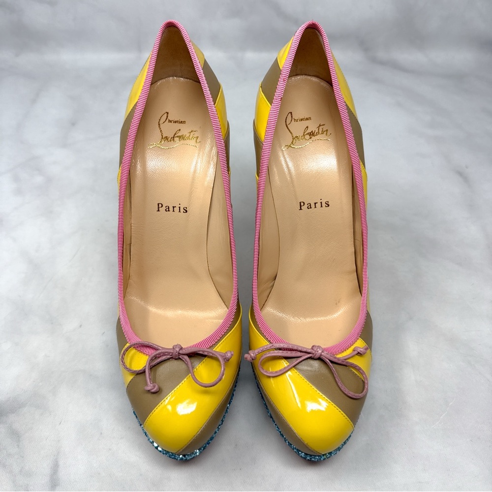 Christian Louboutin Foraine 140 Bow Striped Leather Glitter Platform Pumps Heels - Picture 4 of 16